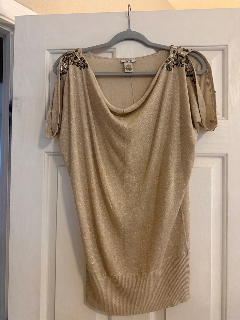 Cache Gold-Beige Beaded Shoulder Drape Top